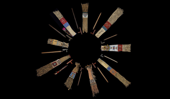 Plains nations' pipes and pipe bags from the collections of the National Museum of the American Indian  and the Division of Anthropology, American Museum of Natural History. On view in the exhibition “Nation to Nation: Treaties Between the United States and American Indian Nations” at the National Museum of the American Indian in Washington, D.C. (Ernest Amoroso, Smithsonian)