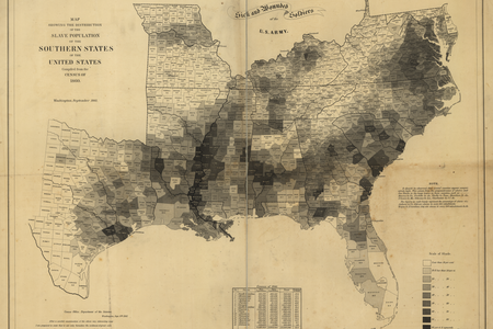 The U.S. Coast Survey map calculated the number of slaves in each county in the United States in 1860.