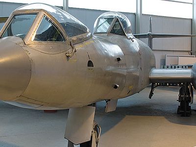 The prone-pilot Gloster Meteor testbed, couch included, is on permanent R&R at Britain's Royal Air Force Museum Cosford.