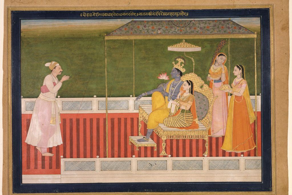 Watercolor showing an individual paying homage to gods
