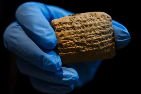A museum worker wearing gloves holds up a cuneiform clay tablet, one of a collection of over 100, on display at a museum in Jerusalem.
