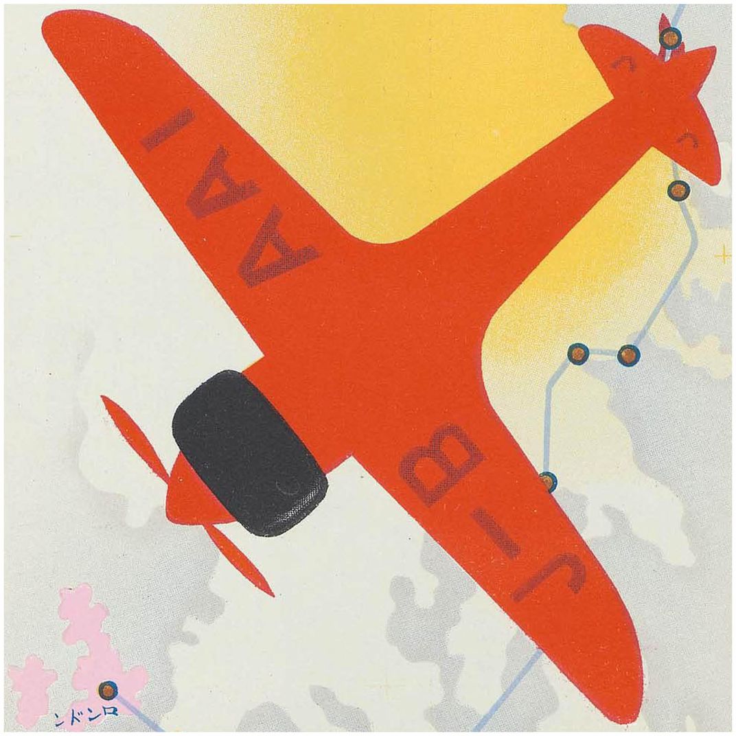 postcard with red plane and route