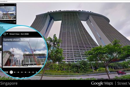 Google's new tool allows users to explore different geographic points, like the Marina Sands hotel in Singapore, over time.