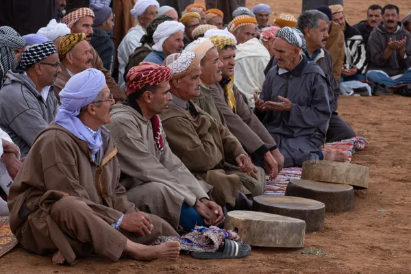 A group of drummers in traditional dress at an annual celebration in Algeria thumbnail