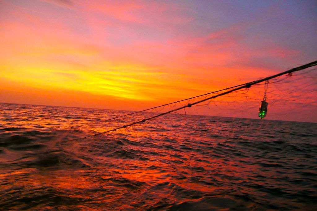 A lighted gillnet with a sunset in the background