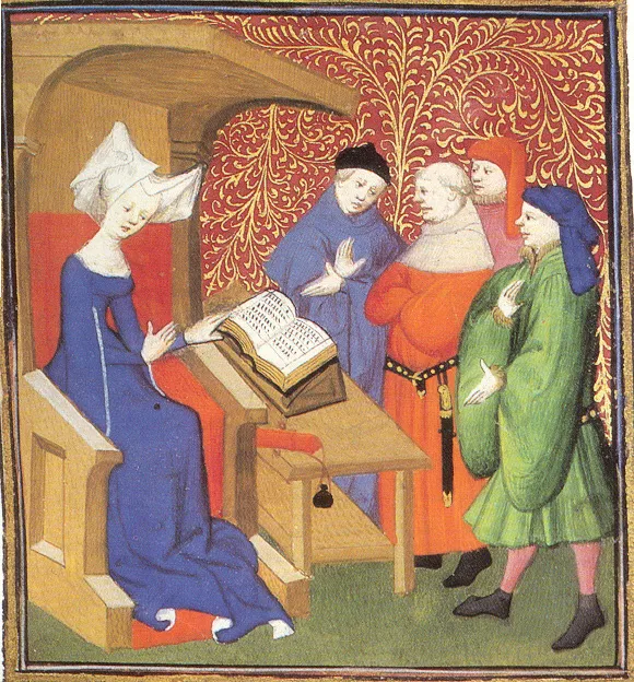 Italian-born French poet Christine de Pizan giving a lecture to a group of men