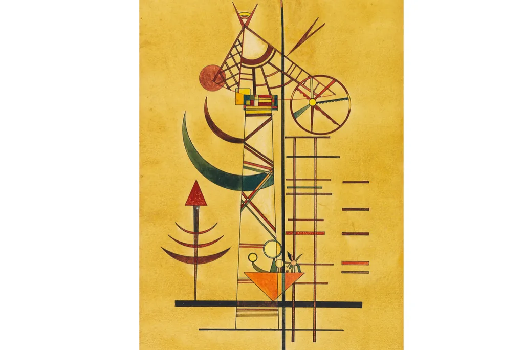 A yellow paper with a precise, geometric arrangement of shapes, curved slivers, and thin lines arranged vertically