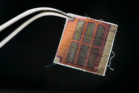 Coated in a conductive polymer material, this half-inch square of fabric contains an array of six rectangular solar cells.