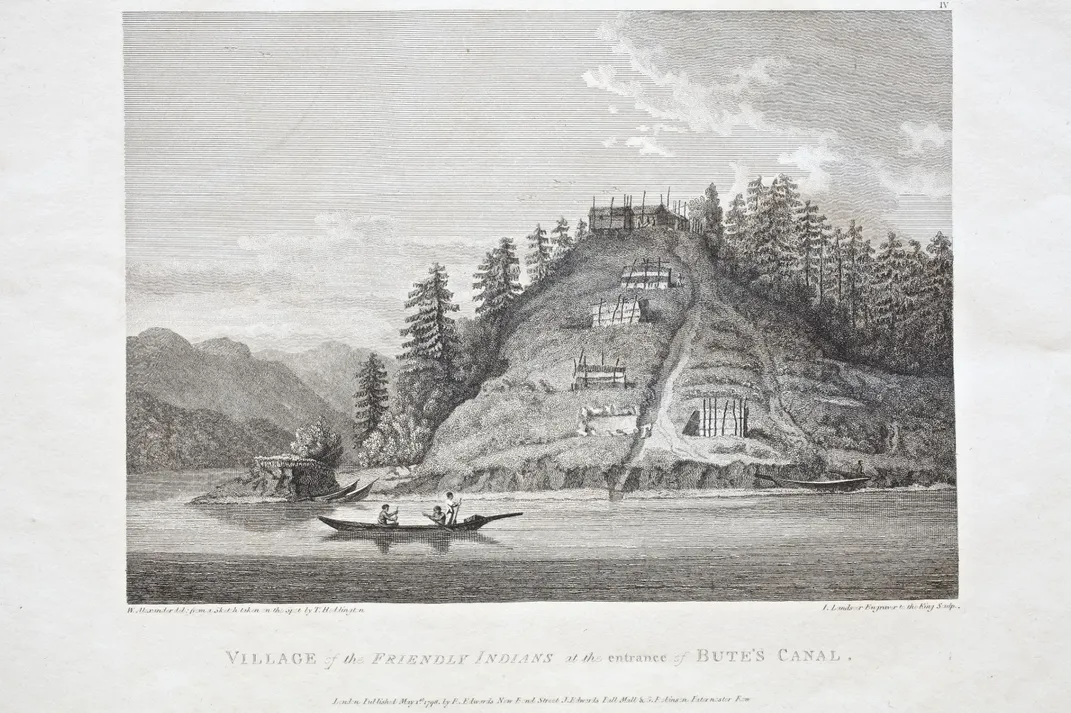 View of an Indigenous village at the entrance of Bute's Canal, now Bute Inlet in British Columbia