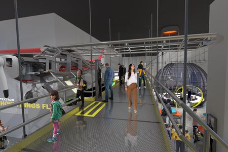 In an artist’s concept of the new How Things Fly gallery, visitors stroll and use interactive displays on a mezzanine.