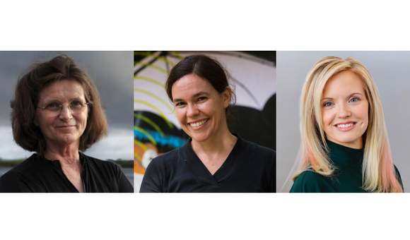 From left to right there are three panels. In the first panel, Dr. Nancy Knowlton is smiling in front of a dark, cloudy sky. She has brown hair and is wearing glasses and a black wet suit. In the second panel, Dr. Rachel Page is smiling, has her hair up,
