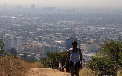 Hikers ascend through the smog of  Los Angeles, one of six cities where researchers studied the effects of air pollution on the heart.