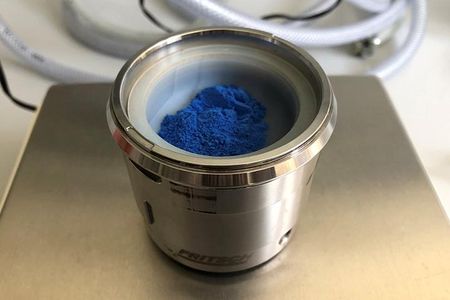 A sample of calcium copper silicate, also called Egyptian blue because it was invented roughly 5,000 years ago at the end of ancient Egypt's first dynasty.