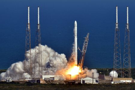 SpaceX's Falcon 9 rocket, shown here at its launch Tuesday, is expected to successfully deliver the Dragon spacecraft's payload to the International Space Station, but the rocket again failed to touch down at a free-floating pad in the ocean.