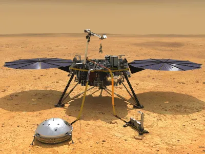 This illustration shows NASA&#39;s InSight spacecraft with its instruments deployed on the Martian surface.