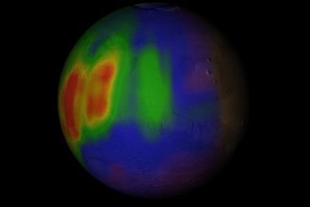 Martian methane as detected during the planet's northern summer. Yellow-red areas show higher concentrations in the atmosphere, blue-purple lower concentrations.