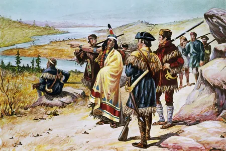 Sacajawea guiding the expedition from Mandan through the Rocky Mountains. Painting by Alfred Russell.
