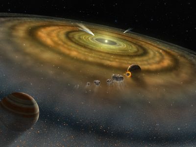 An artist's conception of the dust and gas surrounding a newly formed planetary system. 