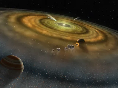 An artist's conception of the dust and gas surrounding a newly formed planetary system. 