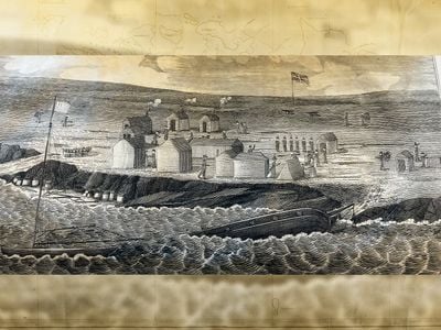 The wreck of the&nbsp;Isabella&nbsp;and Newton Providence camp, as shown in Charles Barnard&#39;s narrative of his experiences in the Falklands, 1829