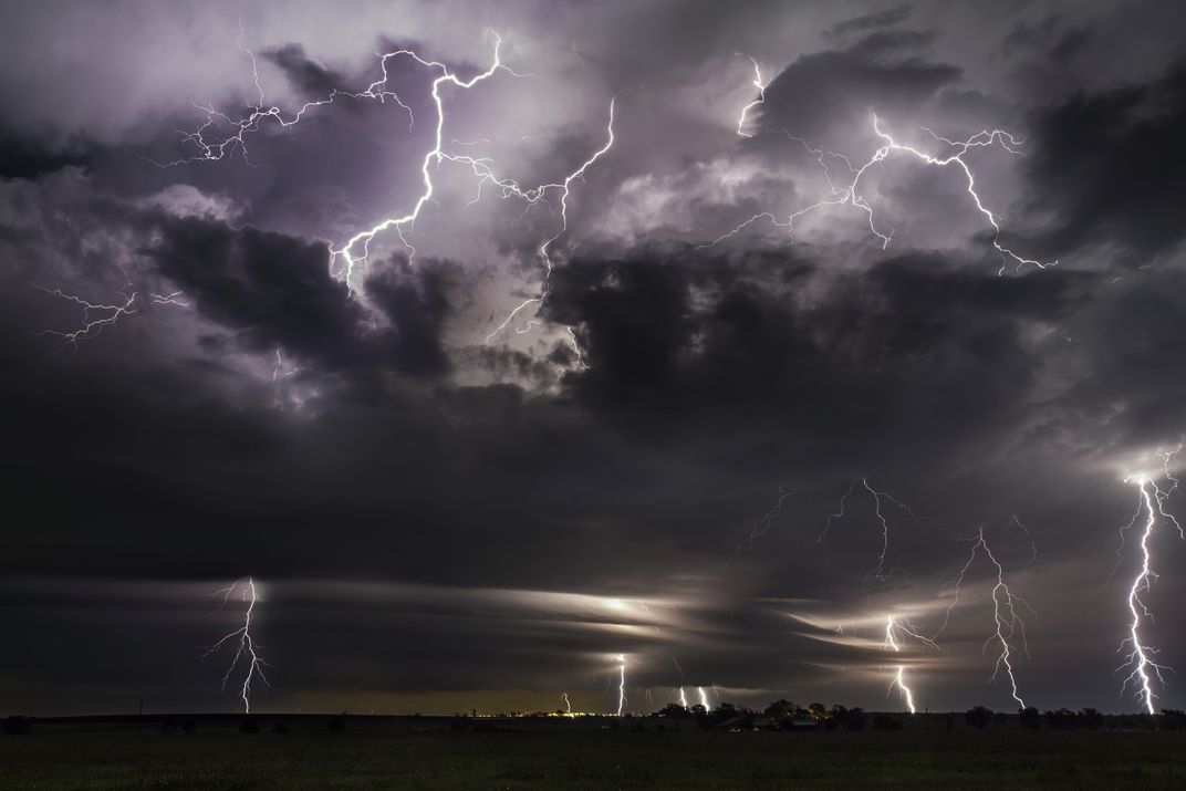 Lightning barrage from a supercell thunderstorm over Saledo, Texas