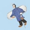 This paper kite depicts a Chinese girl wearing a long-sleeve blue tunic and loose-fitting black plants. A bamboo frame runs the length of the kite behind the paper.