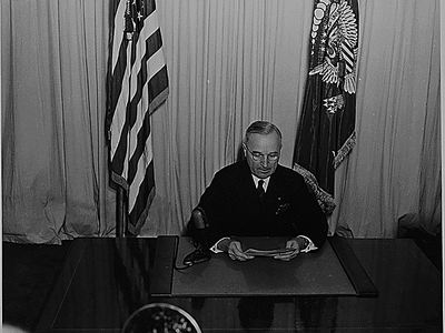 President Harry S. Truman, addressing Americans by radio in 1945.