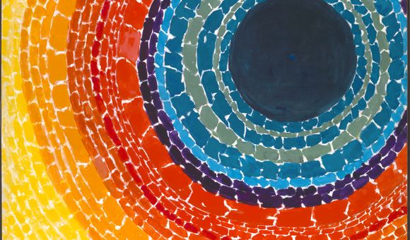 Painting with a dark blue center circle surrounded by concentric circles of reds, oranges, and yellow