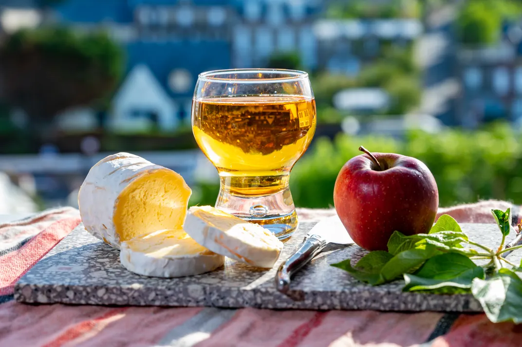 Traditional calvados apple brandy and cheese of Normandy