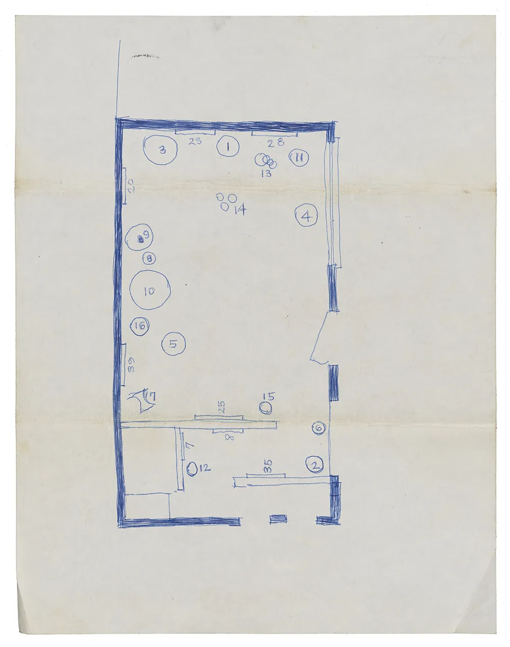 Exhibition plan for a gallery space in blue ink with numbers indicating where the sculptures will be installed.