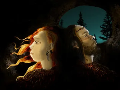 Illustration of Neanderthals and Sapiens, the two human populations that inhabited Cova Foradada, wearing personal ornaments.