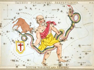 A 19th century illustration of the zodiacal constellation Ophiuchus.