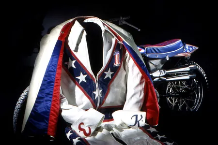 Evel Knievel's trademark red, white and blue leathers, with accompanying cape and boots, joined the Smithsonian's American history collection in the early 1990s.