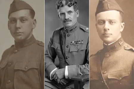 From left to right: Sgt. Harold J. Higginbottom, Brigadier General Amos A. Fries, 2nd Lt. Thomas Jabine