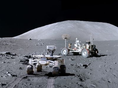 Artist's illustration of PTScientist's Audi Quattro Lunar Rover visiting NASA's 1972 rover.