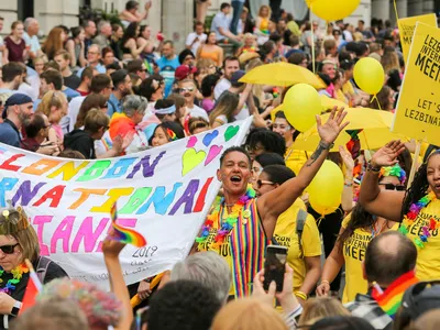 Marchers celebrate in London, England, at the city&#39;s annual LGBTQ Pride festival in 2019.