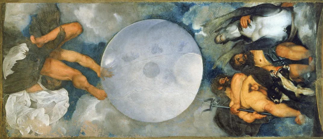 A mural of three gods, men in robes in the sky, surrounding a huge blue-gray orb in the center of the composition