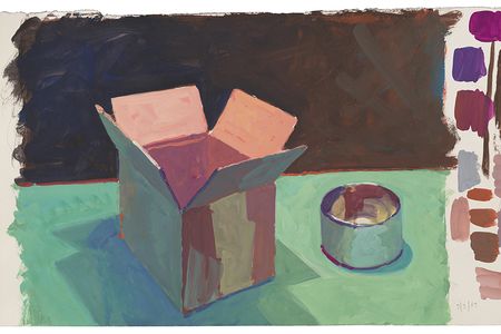 Painting sketch featuring a cardboard box in various shades of red, pink, orange, and blue, beside a small green can or jar with red and blue marks inside of it. Both objects are sitting on a green surface with a dark background, and various colors of pai