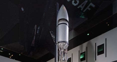 A 1941 Goddard Rocket on display in the Milestones of Flight gallery at the National Mall building.