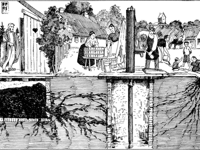 "An illustration showing various ways that a water well (center) may become infected by typhoid fever bacteria."