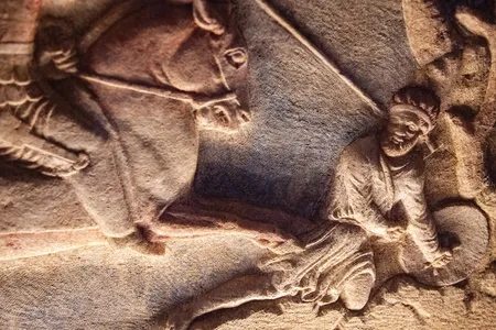 Detail from a 4th-century B.C. Persian sarcophagus, thought to depict a Greek-Anatolian battle scene, found in a tomb near Troy.