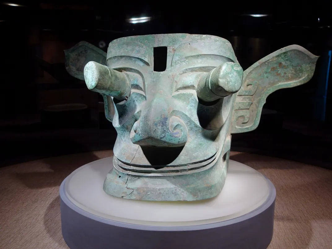 A large bronze head with protruding eyes believed to be a depiction of Cancong, the semi-legendary first king of Shu