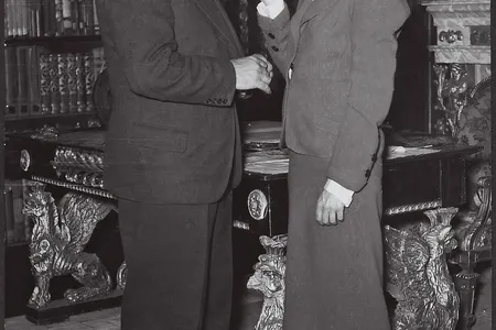 Leo Reuss rehearses with celebrated stage actress Christl Mardayn in 1937. Reuss&rsquo; bleached hair and beard were remnants of his false identity as a farmer.