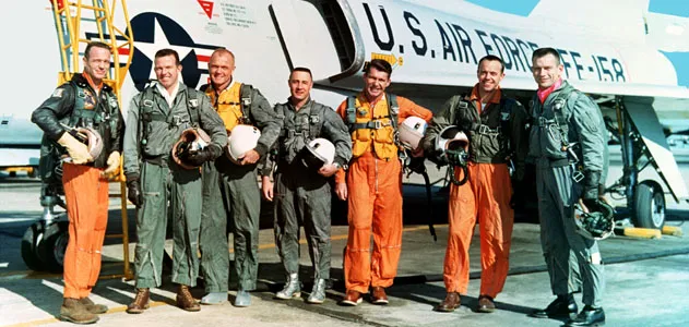 The Mercury Seven: (from left) Scott Carpenter, Gordon Cooper, John Glenn, Gus Grissom, Wally Schirra, Alan Shepard and Deke Slayton.