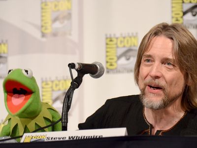 Kermit the frog (left) and puppeteer Steve Whitmire (right) speak at a Commic-Con panel this year in San Diego.