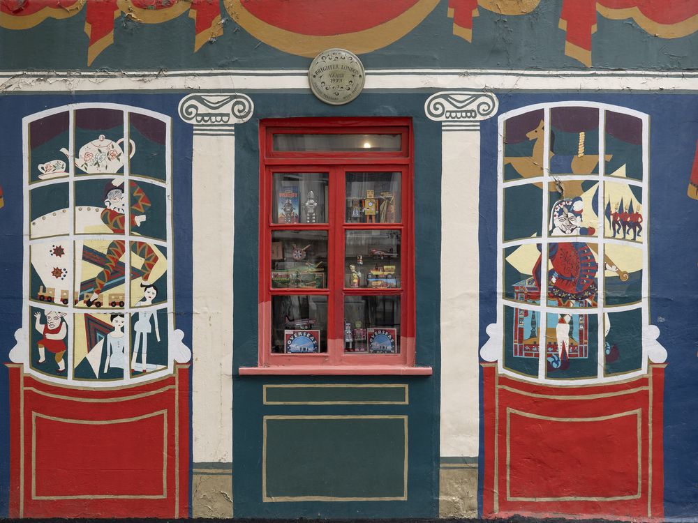 A wall mural outside Pollock's Toy Museum in London