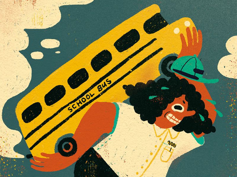 An illustration of a bus driver rescuing a school bus by picking it up.