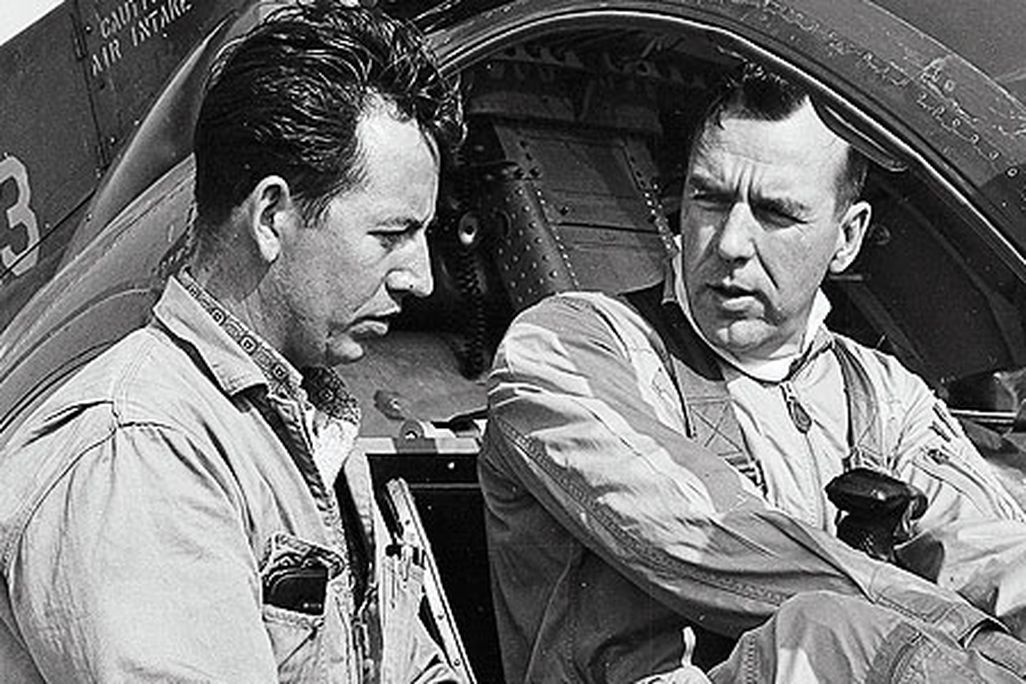 Crew chief Dick Lofland, left, with pilot Bob Ferry before the record-setting flight.