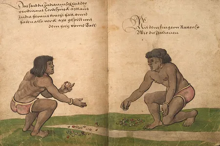 Indigenous people brought to Spain by Hern&aacute;n Cort&eacute;s play the game patolli.