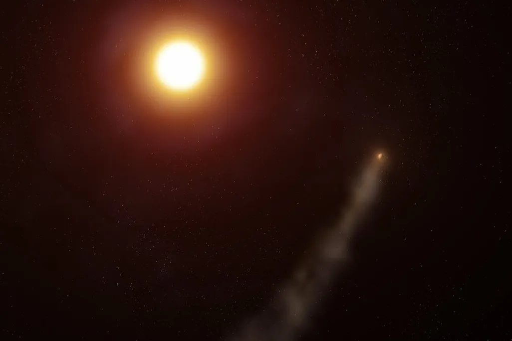 An image of a planet with a tail of gas behind it circling a sun